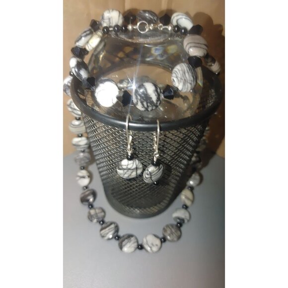 Spider Web Jasper Tourmaline Jewelry Set Black White Beaded Necklace Bracelet an - Picture 9 of 13